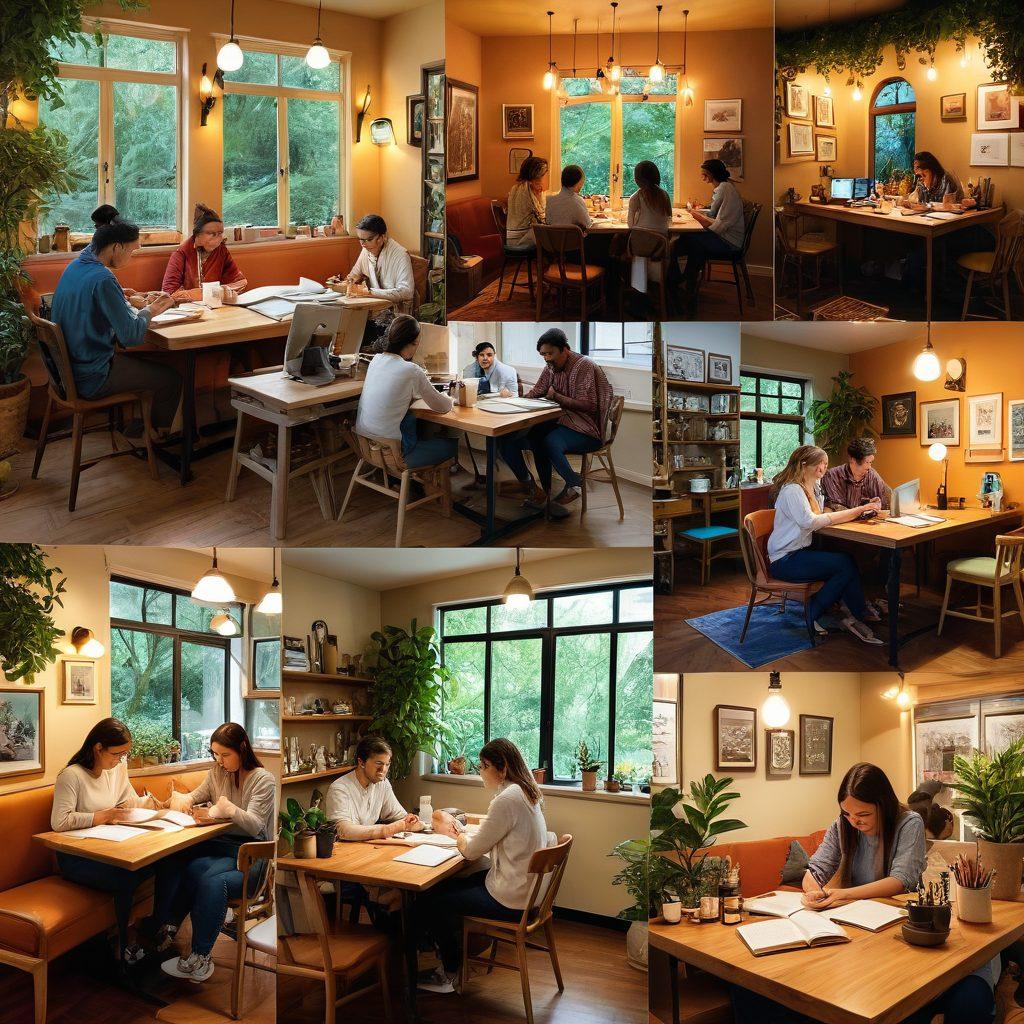 A collage of diverse individuals writing in various settings that reflect personal stories—like a cozy café, a serene park, and a vibrant home office. Each character expresses emotion through their posture and facial expressions, surrounded by items that represent their unique journeys, such as photographs, journals, and souvenirs. The scene is warm and inviting, emphasizing the heartfelt connection of storytelling in modern blogging. vibrant colors. super-realistic. inspiring atmosphere.