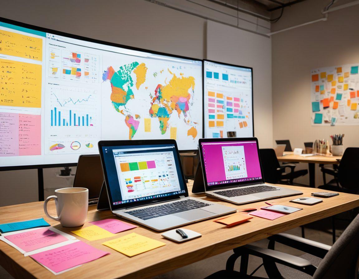 A dynamic workspace filled with diverse individuals collaborating on digital content strategies, showing colorful charts and engaging visuals on screens. Include elements like a brainstorming board filled with sticky notes, a cup of coffee on a laptop, and creative tools scattered around. Emphasize a sense of energy and innovation in the environment. bright colors. modern design. 3D.