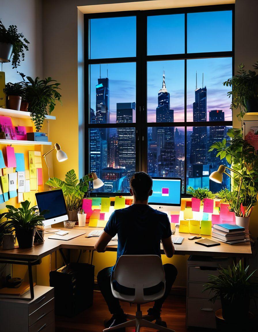 A person sitting at a modern desk filled with colorful post-it notes, digital gadgets, and open notebooks, with a lightbulb symbolizing creativity hovering above their head. The workspace is bright and inviting, showcasing a blend of nature with plants around, and a captivating city skyline visible through the window. The atmosphere is energetic with floating ideas and digital elements like social media icons and tech devices. super-realistic. vibrant colors. 3D.